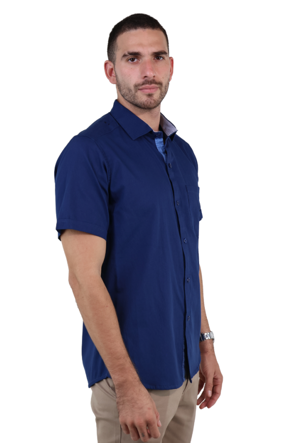 Camisa Manga Corta Con Bolsa Azul Plúmbago Slim Fit De Algodón Para Hombre